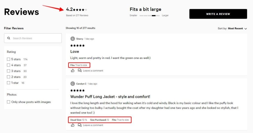 Image showing the rating of the item as part of the social proof on a reviews page
