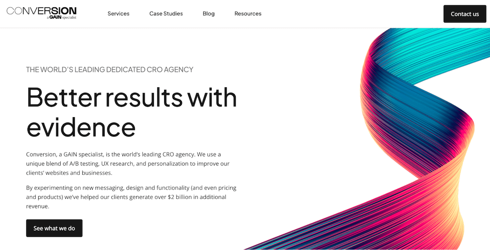 An example of the website for Conversion, featured in The Best CRO Agencies for Growing SaaS Companies and DTC Brands.