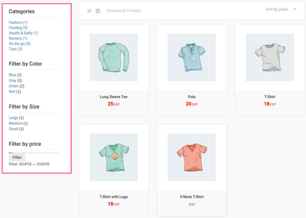 ecommerce product filters polos