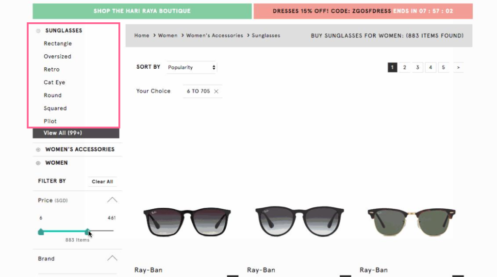 Zalora ecommerce product filters