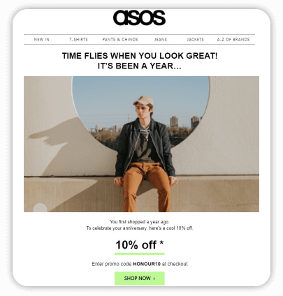Asos anniversary email gives 10% off to recipients